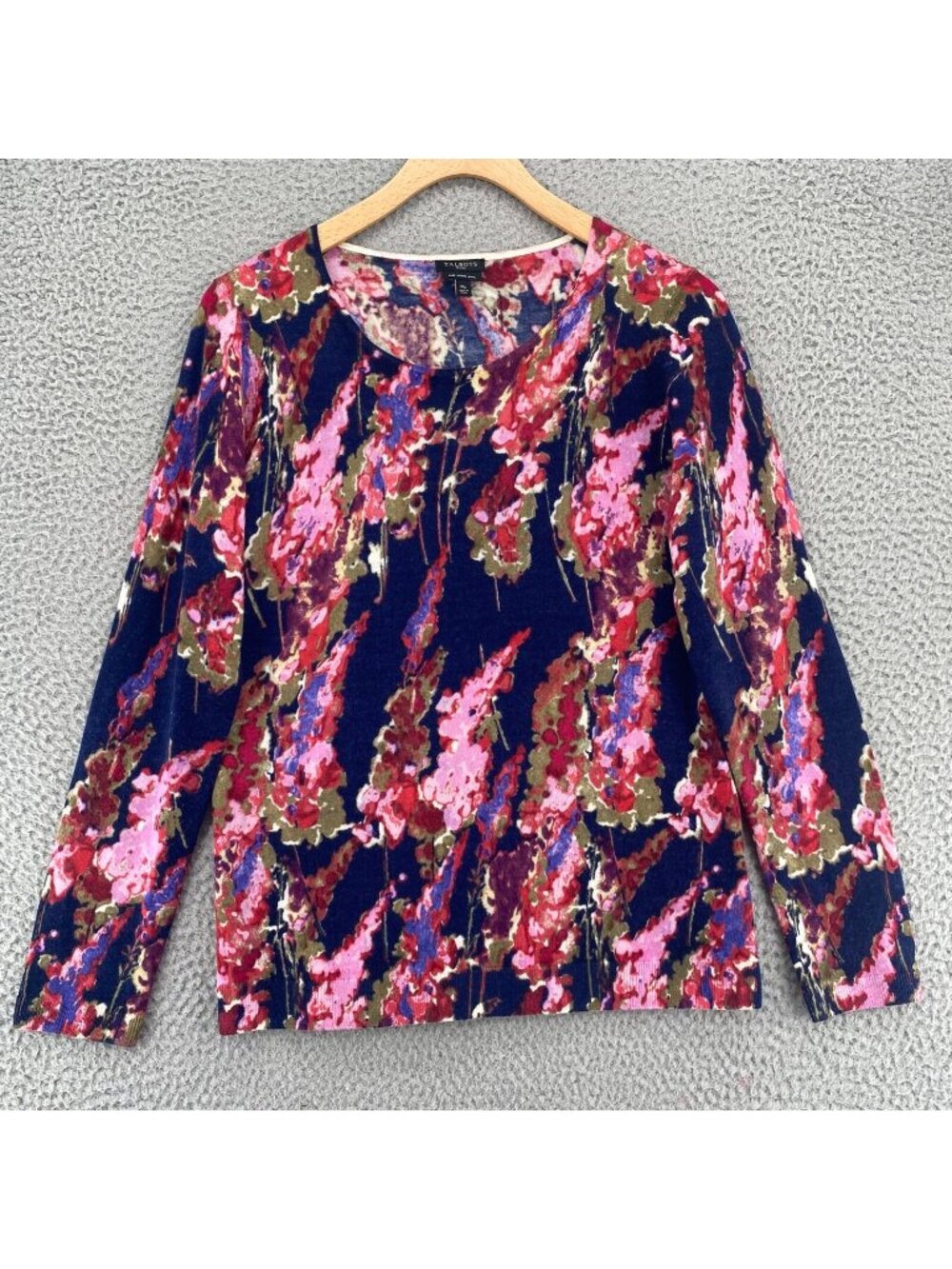 Talbots Sweater Womens Medium Petites Navy Pink Floral Merino Wool Scoop Neck